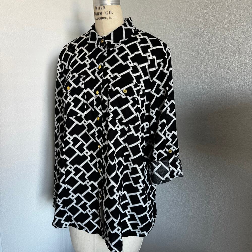 Michael Kors | Black and White Chain Print Blouse size XL - Picture 5 of 12
